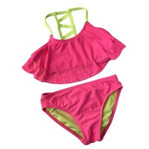 Tropical Laser Cut Pineapple Two Piece Swimsuit - Hot Pink, Neon Yellow - 6